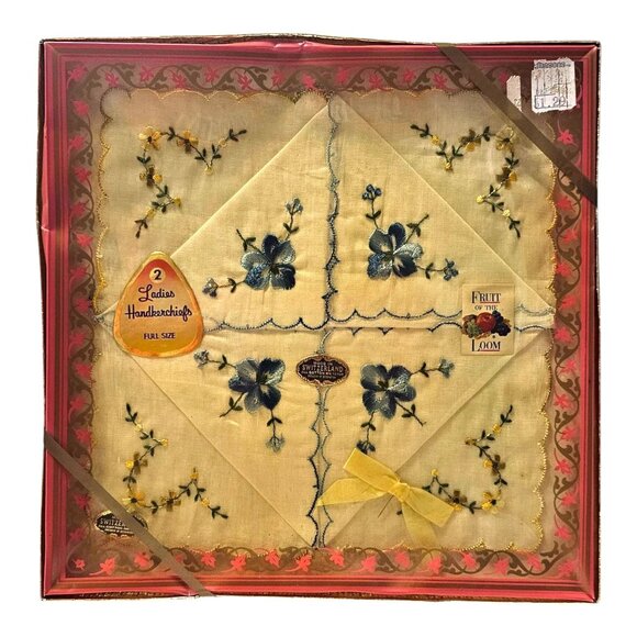 Vintage 60s Fruit Of The Loom Embroidered Yellow Blue Handkerchief Box USA - Picture 1 of 10